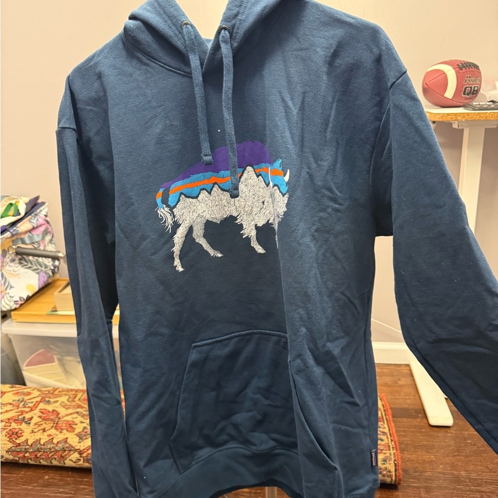 Patagonia Blue Hooded Sweater with Buffalo Design